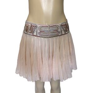 Free People pale Pink Ruffle Embroidered beaded swing style Mini Skirt large